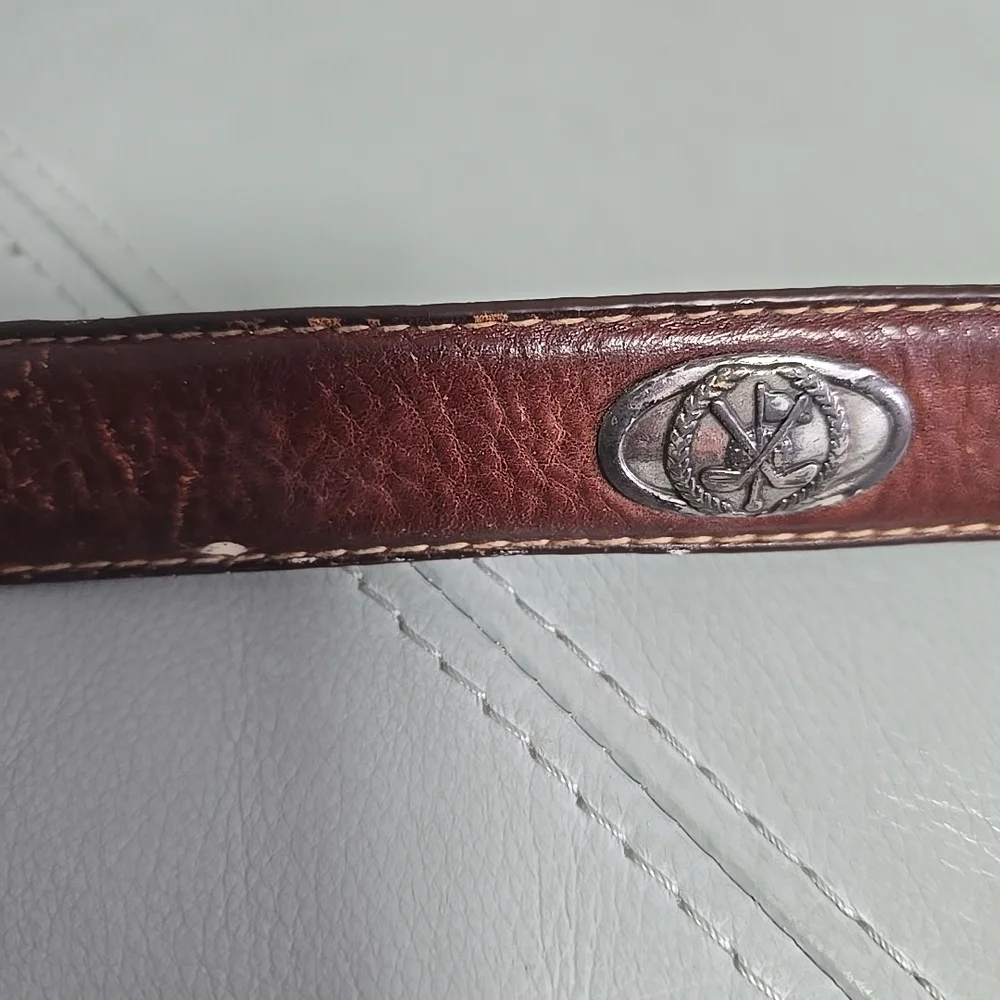 Vintage Fossil Italian‎ Full Grain Cowhide Brown Leather Golf Medallion Belt 36